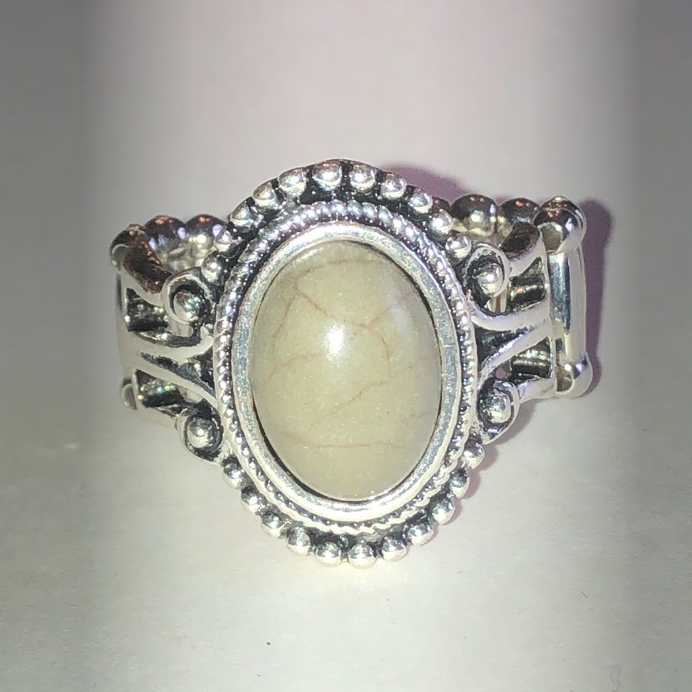 Silver Tone Green Faux Stone Oval Boho Ring